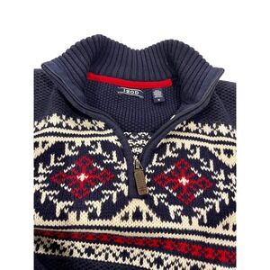 IZOD Mens Sweater Medium Navy Blue Red White Fair Isle 1/4 Zip Pullover
